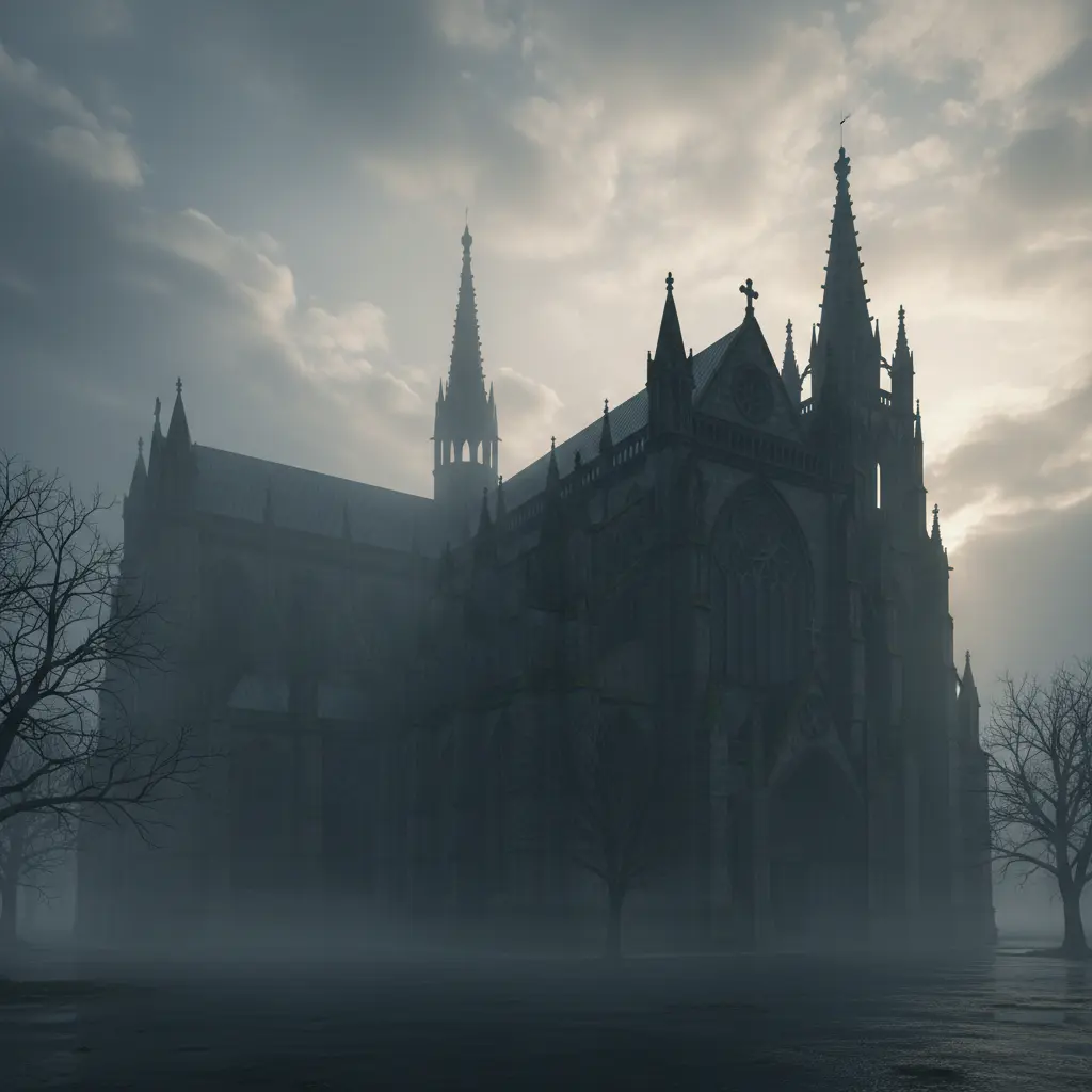 Gotische kathedraal in de mist