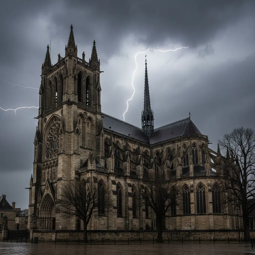 Gotische kathedraal in België met dramatische lucht