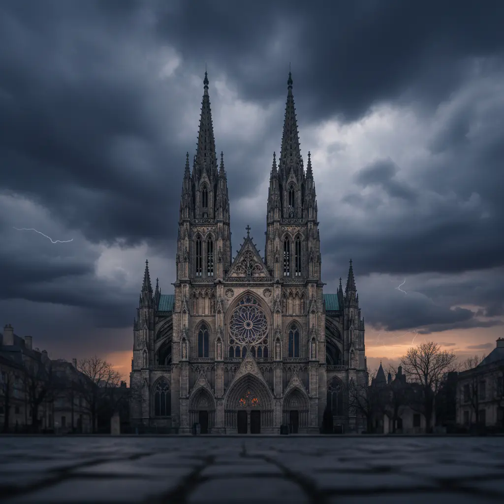 Donkere lucht boven een gotische kathedraal