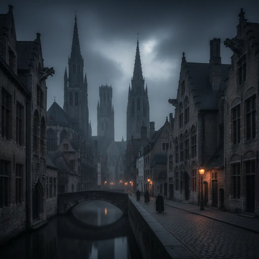 Historische Belgische stad in de schemering